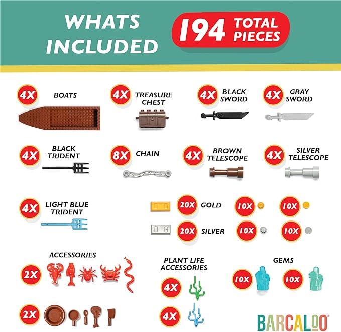 Barcaloo 194 Piece Building Bricks Accessories Kit - Pirate Ship Parts & Pieces Set with Boats, Treasure, Weapons, Plants & Wildlife Parts - Building Block Accessory Set, Compatible with Major Brands
