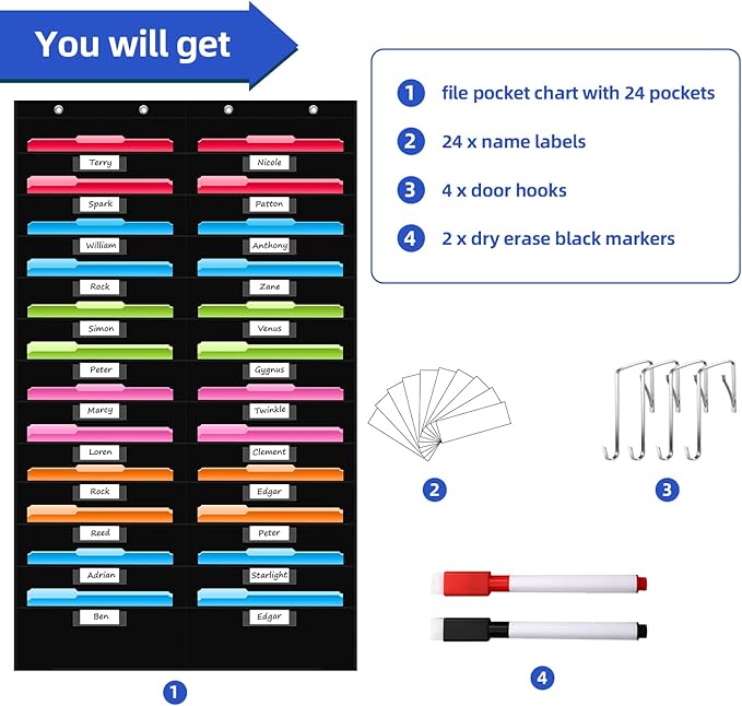 REGELETO 24 Pocket Storage Chart with Nametag Pockets, Hanging Wall File Organizer for Classroom and Office, Black