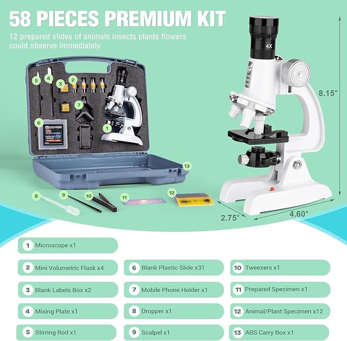 Kids Beginner Microscope Science Kit with 100X-1200X, 13 Prepared Slides & DIY Blank Slides, 18MM HD Len, LED Light Adjustable and ABS Box, Microscope for Kids 5-7 8-12