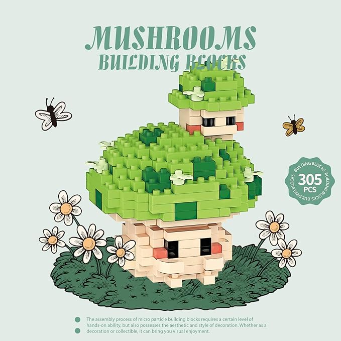 Green Mushroom Mini Cute Mushroom Animals Building Toy Set Adorable Plant Blocks for Creative Play Bonsai Botanical Collection