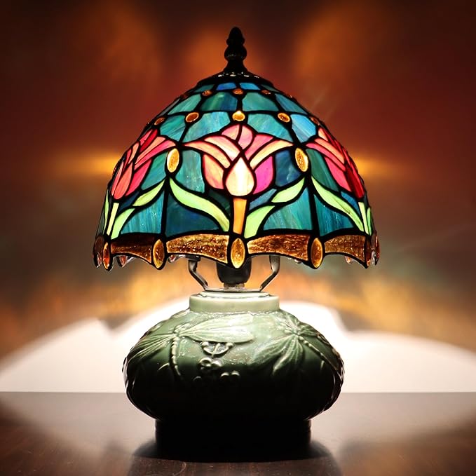 Small Tiffany Lamp Mushroom Table Lamp, Mini Stained Glass Desk Light Memory Sympathy Ceramic lamp 8X11 Inch (Tulip Style)