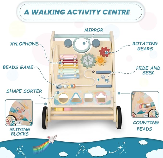 Wooden Baby Walker, Detachable Activity Busy Board, Baby Walking Toys Push Walkers for Babies 6-12 Months