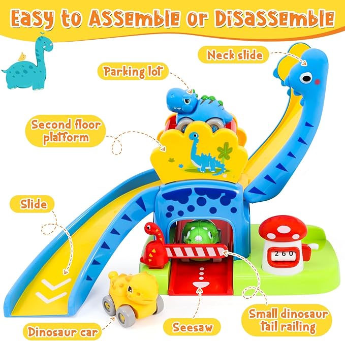YGJT Toddler Toys for 1-3 Year Old Boys and Girls, Dinosaur Slide with 4 Dino Cars Montessori Toys Set for Baby 12-18 Months, Educational First Birthday Gifts Learning Push Track for Children Ages 1-3