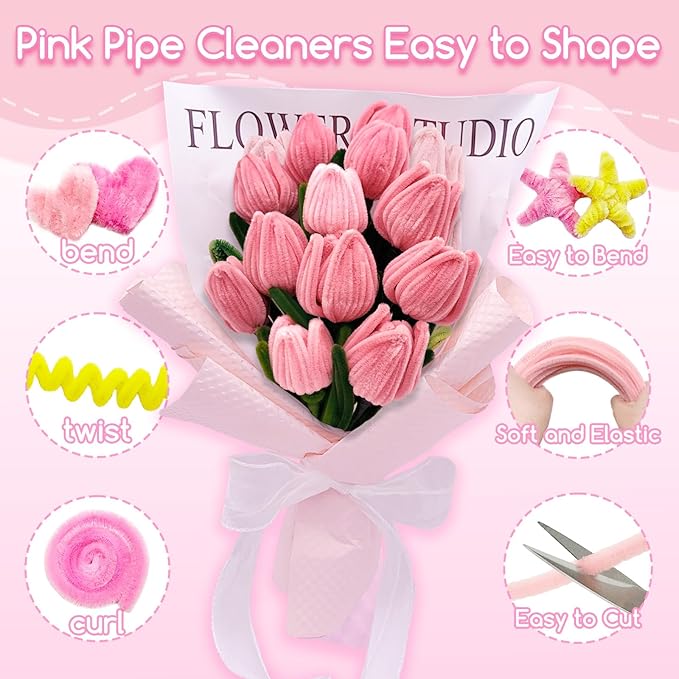 601PCS Complete Pink Pipe Cleaners Flower Kit–Pastel Pipe Cleaners for Flowers, DIY Craft Supplies for Projects, 6 Colors, with Floral Wires, Tape, Glue Sticks, Ribbon, Stamen, Manual & Video Tutorial