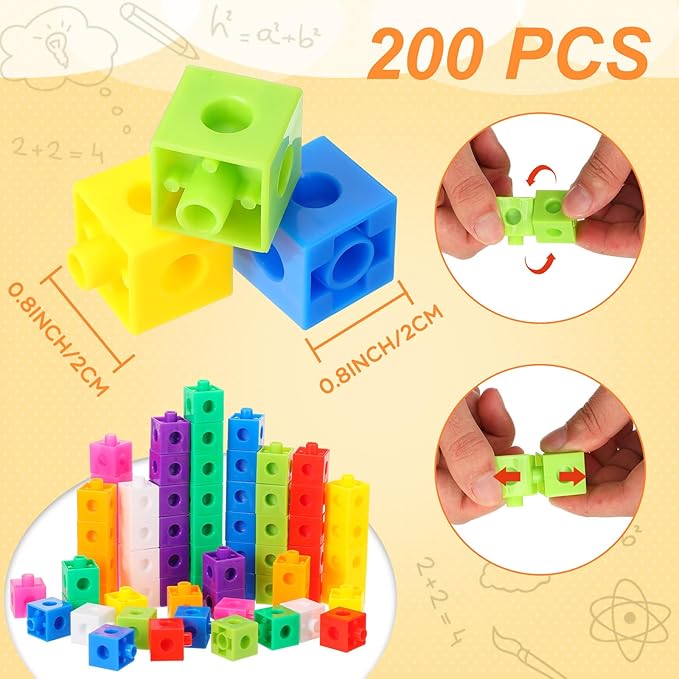 Jenaai 200 Pieces Linking Cubes for Math Counting Cubes, Plastic Counting Blocks, Colorful Math Manipulatives Classroom Learning Supplies for Preschool Activities Boy Girl(Classic Style)