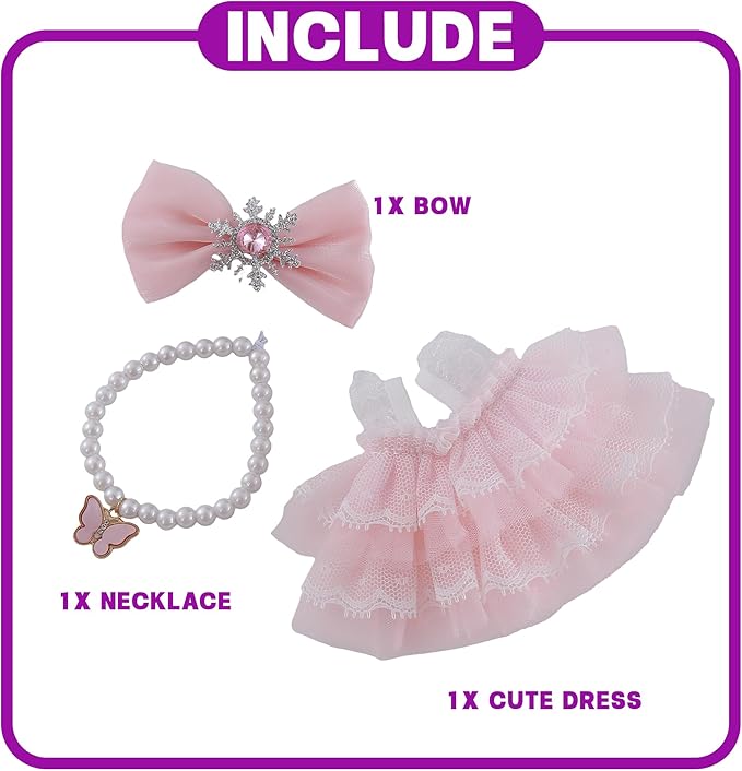 17cm Doll Clothes Set 3-Piece Doll Clothing Set with Pink Dress Necklace and Butterfly Decor Accessories for 17cm Plush Dolls, Clothes Only, No Doll Included