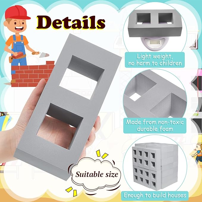 Zhanmai 50 Pack Foam Bricks Building Blocks for Kids Foam Cinder Blocks Large Fake Bricks Toy for Stacking and Construction 8 x 4 x 2.4 Inches(Square)