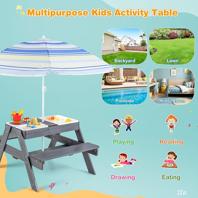 Costzon Kids Picnic Table with Sensory Bins, 4 in 1 Sand and Water Table with Height Adjustable Umbrella, Removable Tabletop, Wooden Kids Outdoor Table for Backyard Patio Play