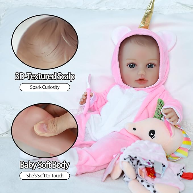 SCOM Soft Baby Doll Girl - 16 Inch Realistic Reborn Baby, Lifelike Real Cute Doll with Accessories, Toddler Girl with Vinyl Body & Unicorn Clothes for Kids 3 4 5 6 + Year Old Gifts