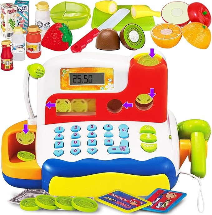 FUNERICA Toy Cash Register - with Large Interactive Coins Great for Toddlers - Scanner, Microphone, Calculator. Includes Grocery Food, Cuttable Fruit, Pretend Play Money - for Toddlers and Kids