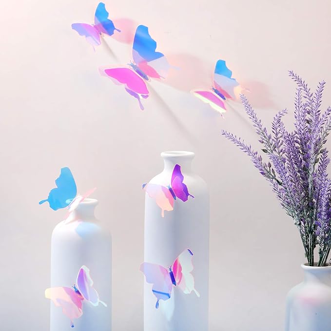 BBTO 48 Pieces Butterfly Wall Decor DIY Mirror 3D Butterfly Stickers Removable Decals for Home Bedroom School Bathroom Living Room Decor(Transparency Colorful Pink)
