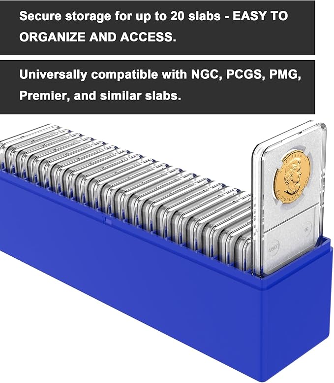 Plastic Coin Slab Storage Box – 20-Slot Coin Holder Organizer Case Fits for PCGS NGC PMG PCCB Slabs, Secure Coin Collection Box for Collectors, Home, Office, Bank Use (Box Only, Blue)