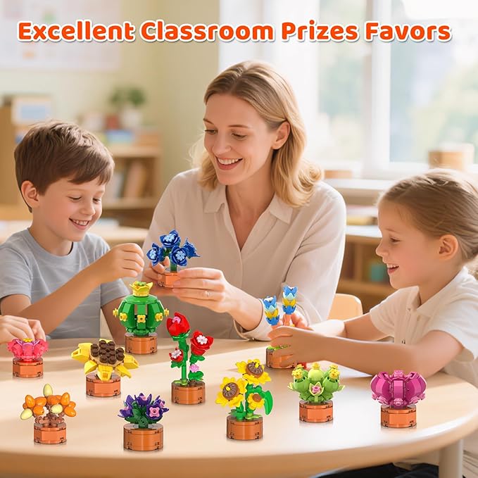 24 Pack Flowers Succulents Party Favors for Kids Building Set - 1012 PCS Botanical Bonsai 3.6MM Mini Building Blocks Toy for Classroom Prizes Easter Basket Stuffers Birthday Gift for Girl Boy Ages 6+