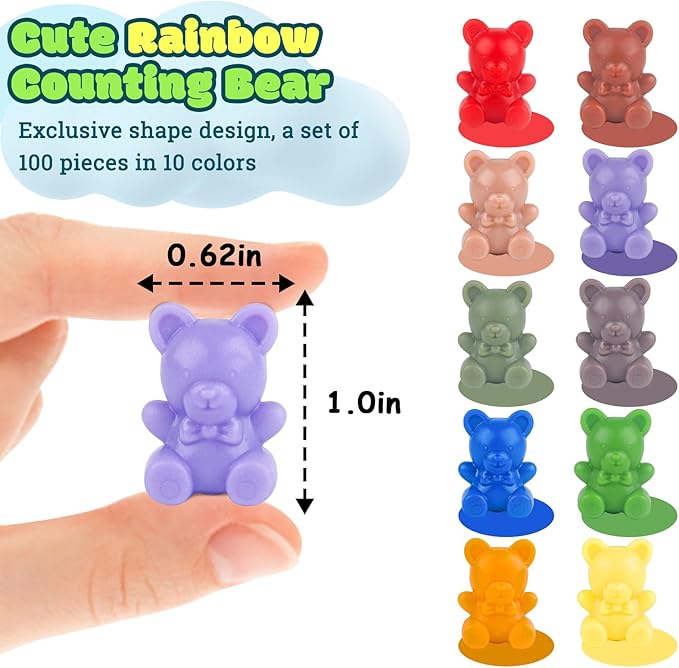 XINHUIDALSQ Rainbow Counting Bears Set of 100, 10 Colors Sorting Teddy Plastic Bears Math Manipulatives for Toddlers, 1 Inch Bear Conters Ages 3+ Kids