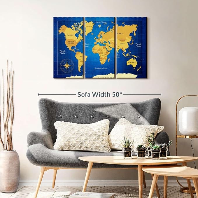 ElephantStock Yellow Longitude World Map Multi Piece Canvas - 3 Panel Wall Decor - Map of the World Art - Canvas for the Office and Home - 38" X 24"