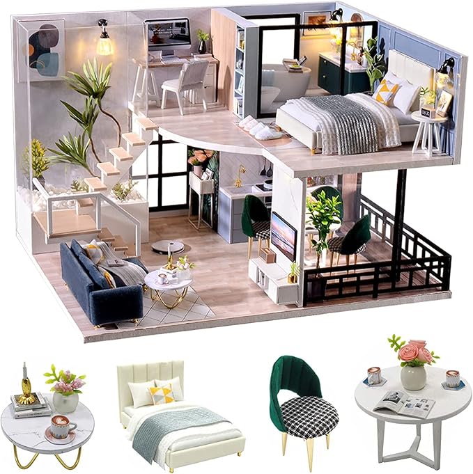 CUTEROOM DIY Miniature Dollhouse Kit with Furniture, Wooden Doll House Kit with LED Lights (L032)
