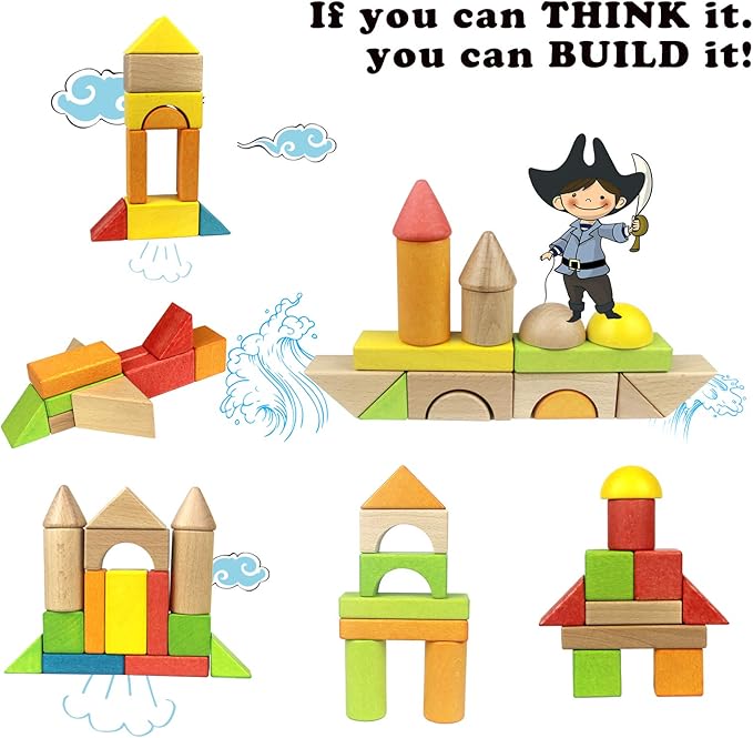 Migargle Wooden Building Blocks Set for Kids - Rainbow Stacker Stacking Game Construction Toys Set Preschool Colorful Learning Educational Toys - Geometry Wooden Blocks for Boys & Girls