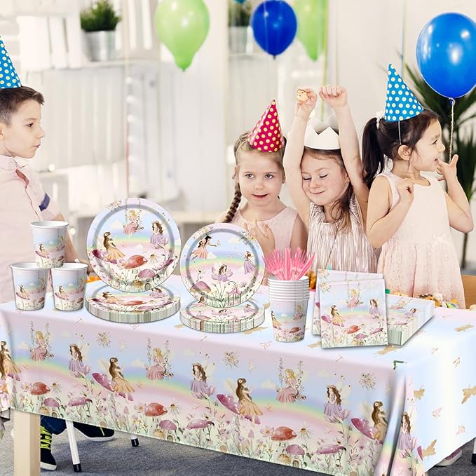 Fairy Party Decorations Tableware, 142pcs Fairy Birthday Party Decorations Plates and Napkins Cups Tablecloth Flower Fairies Banner for Enchanted Forest Garden Birthday Baby Shower Decorations