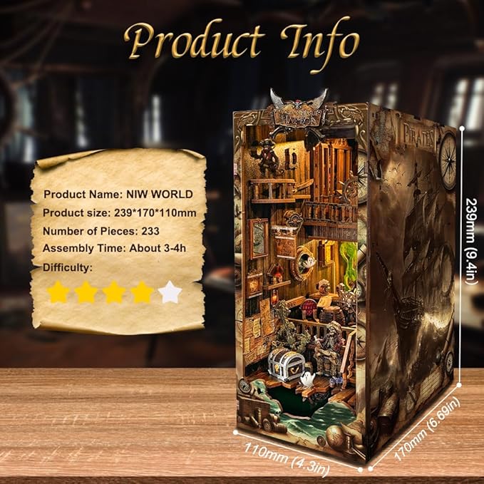 Book nooks DIY Dollhouse kit for Adults Bookshelf Decor with LED Lights 3D Wooden Puzzle Model booknooks Kits Gifts for Family,Friends (New World)