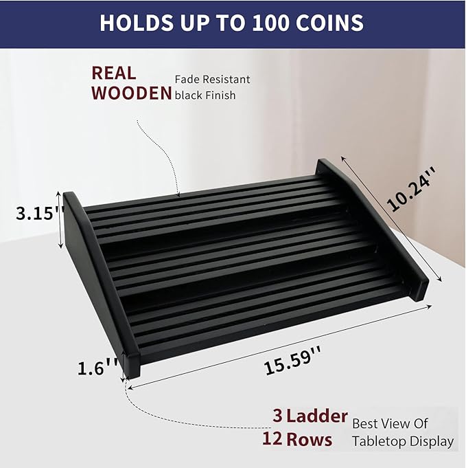Challenge Coin Display Holder, 12 Rows Solid Wood Military Coin Stand Holds 80-100 Coins, Army Coin Display Rack for Desk (Black Finish)