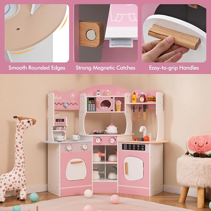 Costzon Corner Play Kitchen, Wooden Kids Kitchen Playset with Lights & Sound, Coffee Maker, Washing Machine, Oven, Microwave, Toddler Toy Kitchen for Pretend Play, Gift for Boys Girls 3+ (Pink)