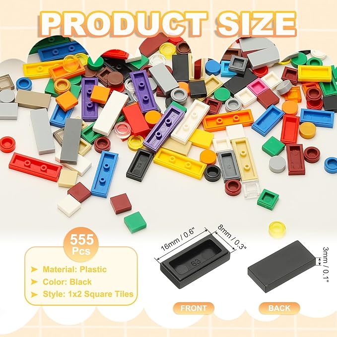 PATIKIL 555 Pcs Flat Blocks Bulk, 1x2 Square Black Classic Tiles Smooth Surface Mini Building Blocks Accessories Compatible Bricks Kits for Building Floor Walls Mosaic Pixel Arts