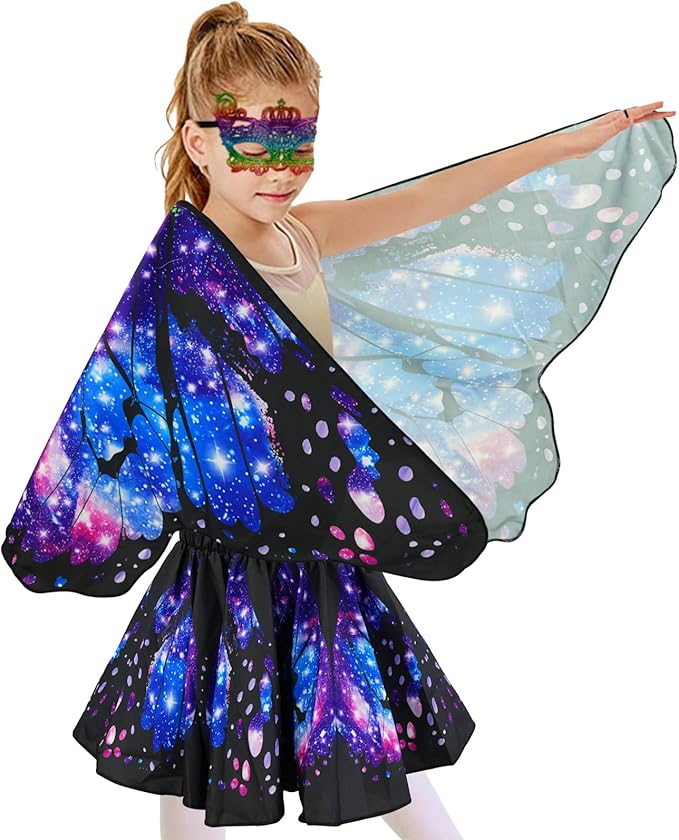 Butterfly Costume for Girls Fairy Wings Kids 4 Pcs(Cape,Skirts,Masks,Hair Clips) Butterfly Wings for Halloween Gifts