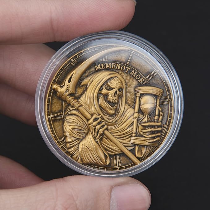 Memento Mori Challenge Coin - Hourglass & Scythe Design with Latin Inscriptions, Embrace Life’s Transience with Inspirational Design (Single Coin)
