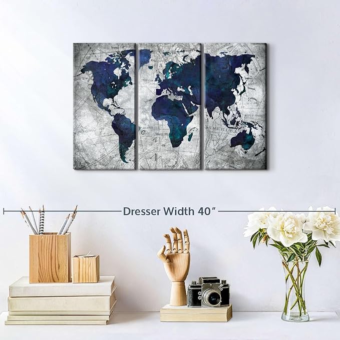 ElephantStock Deep Blue World Map Multi Piece Canvas - 3 Panel Wall Decor - Map of the World Art - Canvas for the Office and Home - 23" X 14"