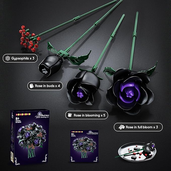 HOGOKIDS Flowers Bouquet Building Set - 15 Halloween Black Roses Botanical Collection Building Blocks Artificial Flower 330PCS Gothic Home Decor Christmas Birthday Gift for Adults Kids Girls Age 8+