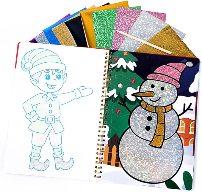 Fun & Mess-Free Foil Art Kit for Kids – 80 Foil Sheets & 32 Art Cards, No Glue Needed, Creative Craft Gift for Christmas Halloween Holiday Birthday（Christmas Version）