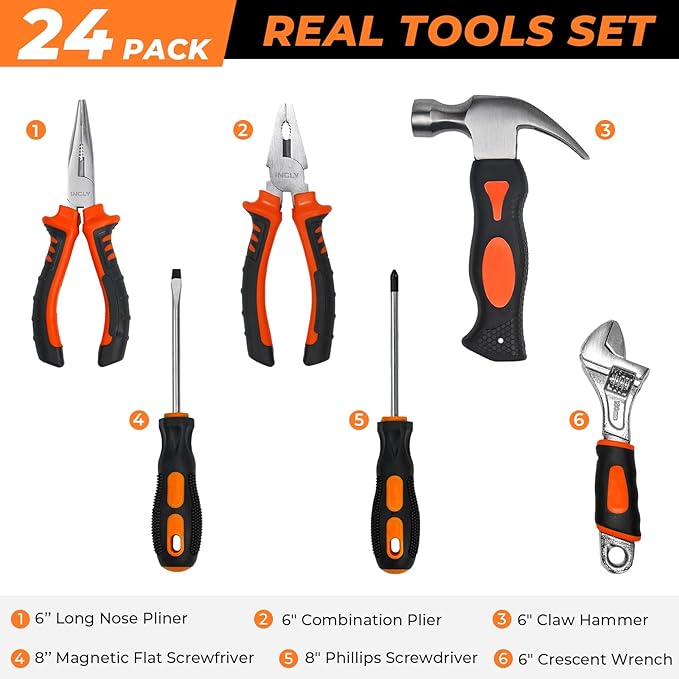 INCLY 24 PCS Real Tool Set with Tool Bag, Small Real Hand Tools Kit, Construction Learning Tools Hammer Screwdriver for Home DIY Building and Woodworking