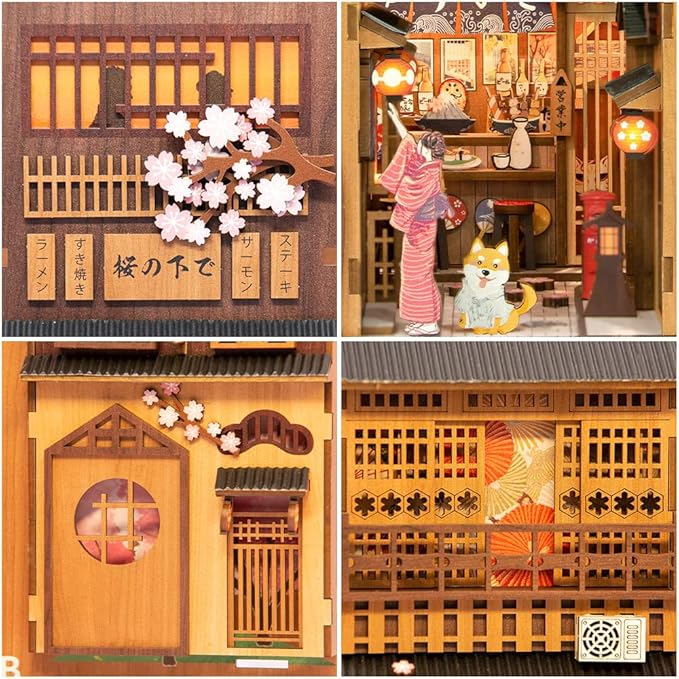 Fsolis Book Nook Kit, 3D Wood Puzzles for Adults, 214pcs, DIY Miniature House Kit Booknooks Japanese Decorative Bookends for Bookshelf (Under The Sakura Tree)