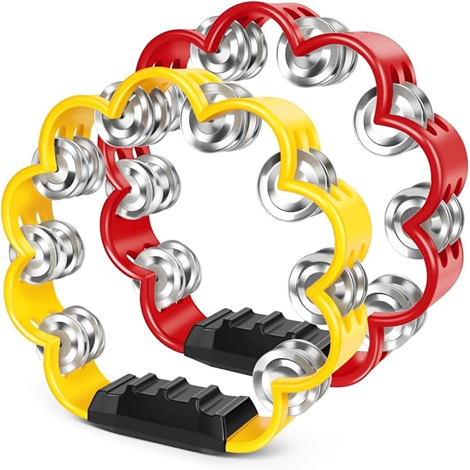 Flexzion Flower Tambourine - 8 Inch Handheld Percussion Instrument w/Metal Jingles & Ergonomic Grip - Small Tambourines for Adults, Kids, Church, Parties, & Musical Events (2 Pack - Red & Yellow)