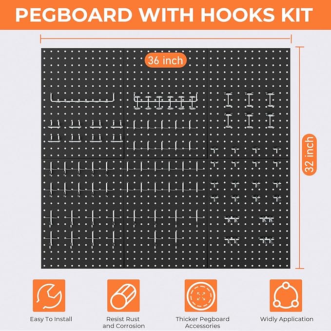 INCLY 90PCS Pegboard Wall Organizer, 6 Pack Metal Peg Board Panels with 1/4" Pegboard Hooks Accessories Kit, Black Peg Board for Walls Home, Garage Tool Storage, Workbench Organization