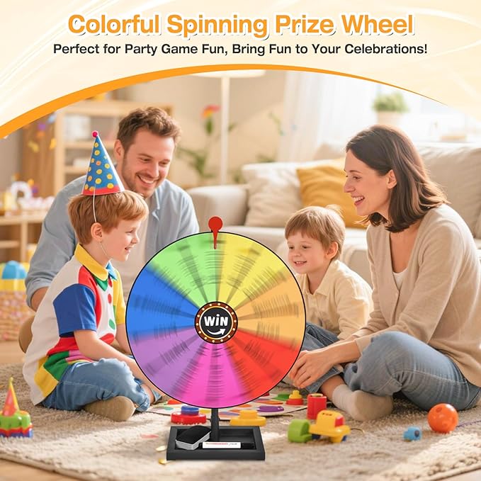 18-inch Tabletop Prize Wheel, Prize Wheel Spinner with Stand & Storage Base, Featuring a Prize Wheel with 14 Customizable Color Sections. Suitable for Party Games, Family Games (with line)