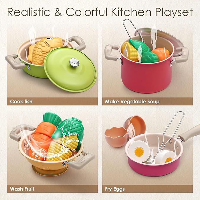 Golray Play Kitchen Accessories, Play Food Sets for Kids Kitchen Playset with Pots and Pans Set, Cooking Utensils, Organizer, Food Toys, Apron & Condiments, Birthday Gifts for Girls Boys Toddlers