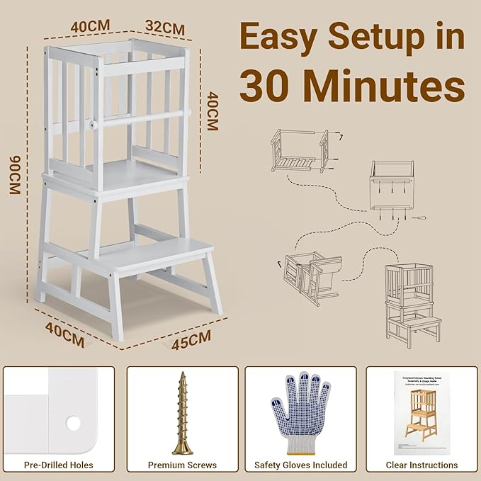 COSYLAND Kitchen Step Stool for Toddlers – Stable A-Frame Design Kids Standing Tower with Protective Crossbar – Wooden Learning Stool for Kitchen Island Counter, Bathroom (White)
