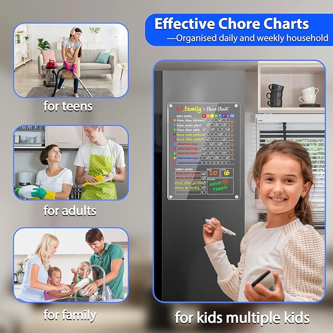 PigPotParty Acrylic Magnetic Chore Chart for Kids, 12"x16" Reward Responsibility Chart, Chores Checklist, 3 Weekly Dry Erase Fridge Board for Teens Adult Family Multiple Kids, w/ 18 Markers & Towel