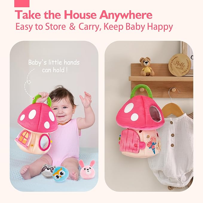 hahaland Baby Toys 6-12 Months - Montessori Toys for 6 Month Old Girl, My First Mushroom House with Stuffed Jungle Animals, Rattle, Crinkle Paper, Mirror, Sensory Toddler Toy for 1 Year Old Girl Gifts