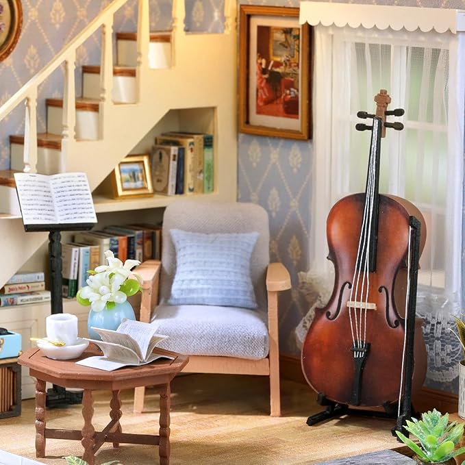 TuKIIE DIY Miniature House Kit with Furniture, 1:24 Scale Creative Room Wooden Mini Dollhouse Plus Dust Proof & Music Movement for Kids Teens Adults(Symphony of Bliss)