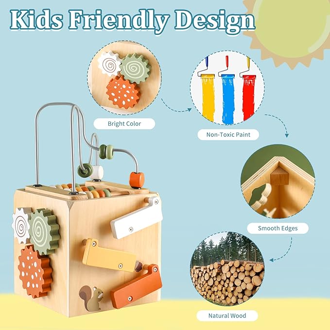 Wooden Activity Busy Cube Montessori Toys, 6-in-1 Activity Center Baby Bead Maze Toys, Sensory Shape Sorter Blocks, Toddler Boys Girls First Birthday Gift