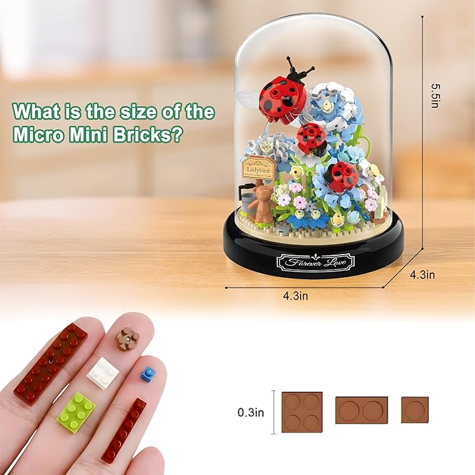 HI-REEKE Flower Ladybug Bouquet Building Block Set, Micro Mini Botanical Building Toy for Women-596 PCS