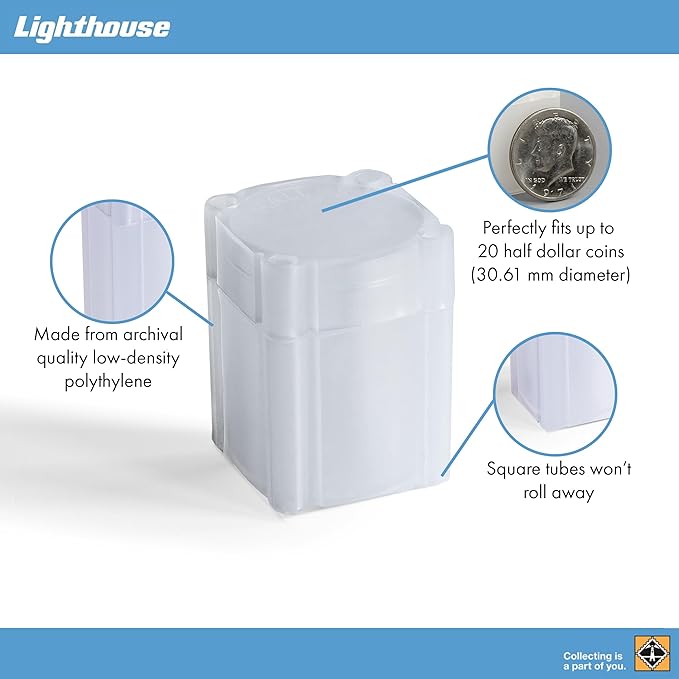 LIGHTHOUSE - Square Coin Tubes - Convenient Push Top, Virtually Unbreakable, Acid Free and Archival Quality - Coin Tubes for US Half Dollars, 10 Pack
