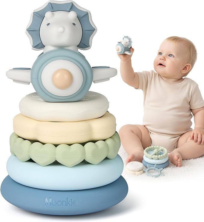 Moonkie Dinosaur Baby Stacking Toys | 7-Piece Silicone Rings for Teething Relief | Educational Toy for Infants & Toddlers 6 Months+ | Baby Shower or Birthday Gift for Boys