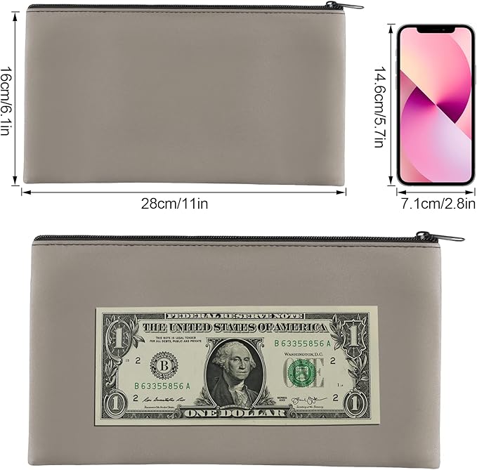 2 Pieces Money Bags With Zipper , 11x6.1 inch Money Pouch, Bank Bag, Cash Bag , Check Wallet, Cosmetics(Gray)