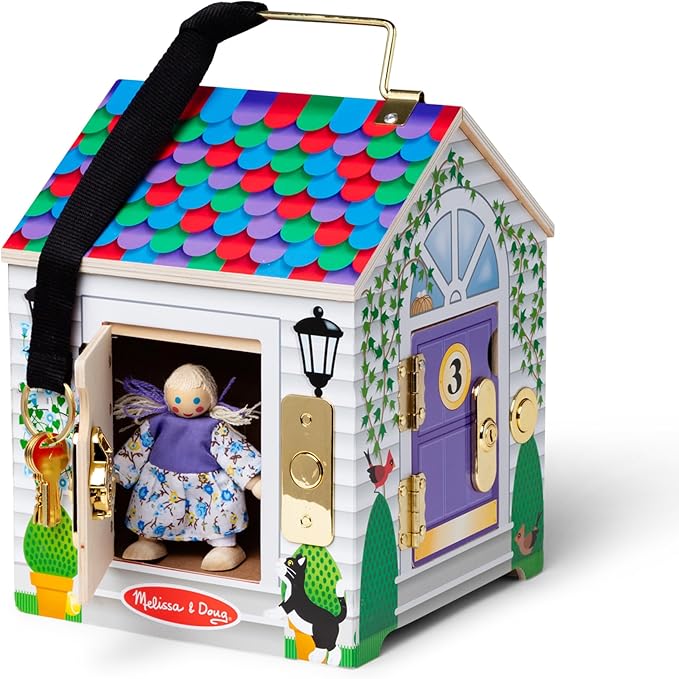 Melissa & Doug Take-Along Wooden Doorbell Dollhouse - Doorbell Sounds, Keys, 4 Poseable Wooden Dolls Portable Doll House, Doorbell House for Kids Ages 3+