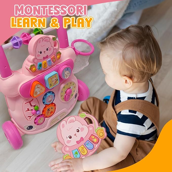 Baby Walker Toys,Push Walker for Boys & Girls Learning to Walk,Sit to Stand Early Educational Toys,Activity Center for Infant,Christmas Birthday Gift for Toddler 6-18 Months,Pink