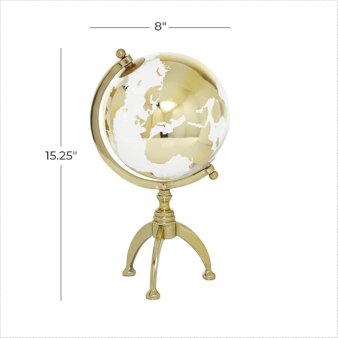 Deco 79 Aluminum Globe with Tripod Base, 8" x 8" x 15", Gold