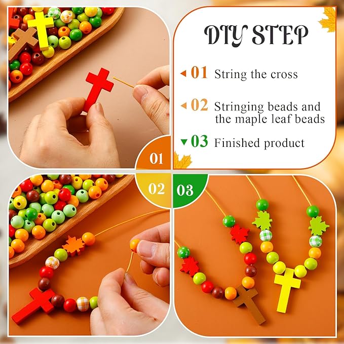 32 Pcs Fall Wood Cross Beads Necklace Crafts Kits- DIY Religious Fall Wooden Cross Beads Craft for Thanksgiving Christian Necklace Kit for Autumn Sunday School Classroom Crafts Supplies